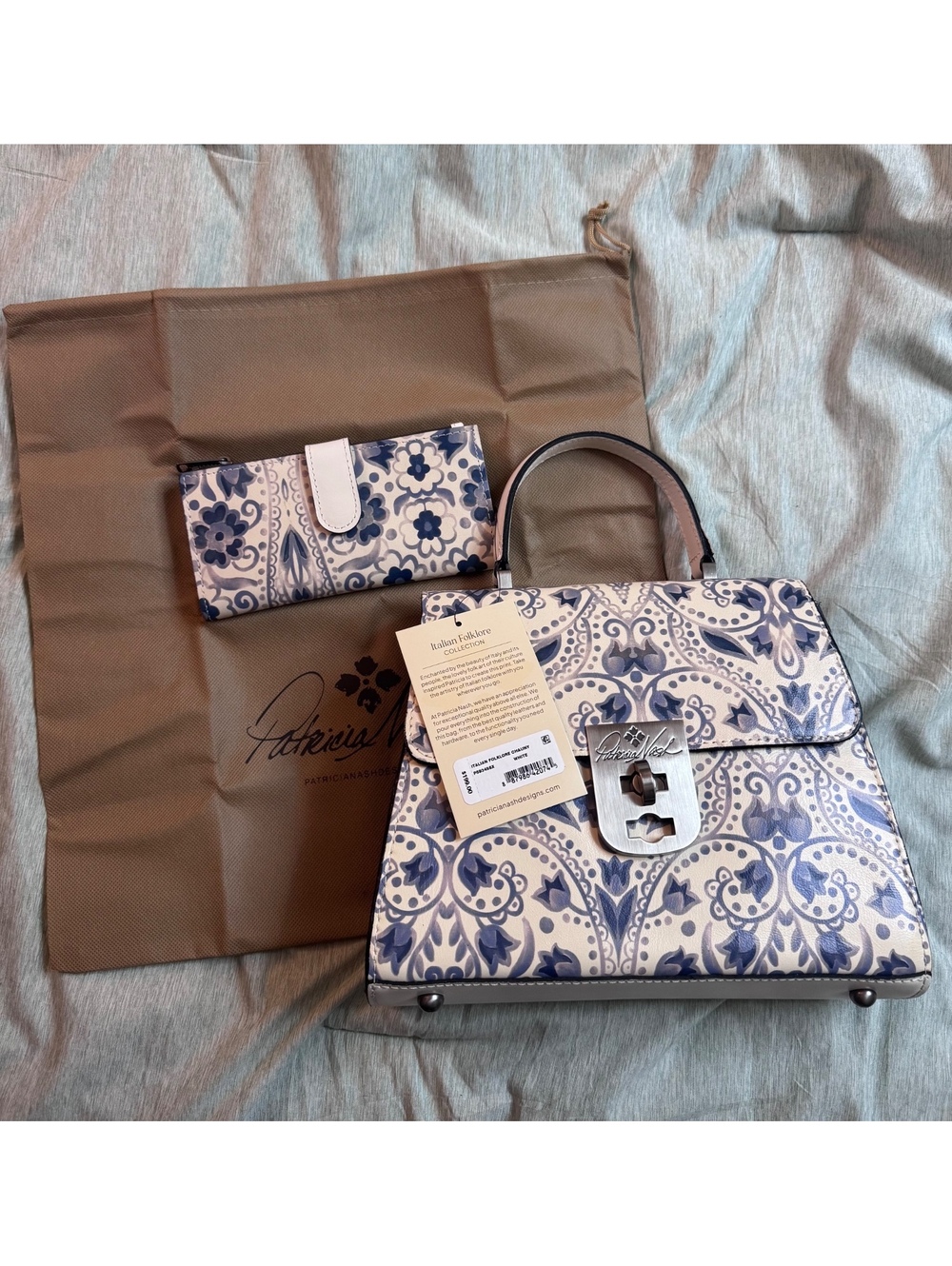 NWT Patricia Nash Italian Folklore Ilafiri Satchel & RFID Wallet Blue White - Picture 1 of 9